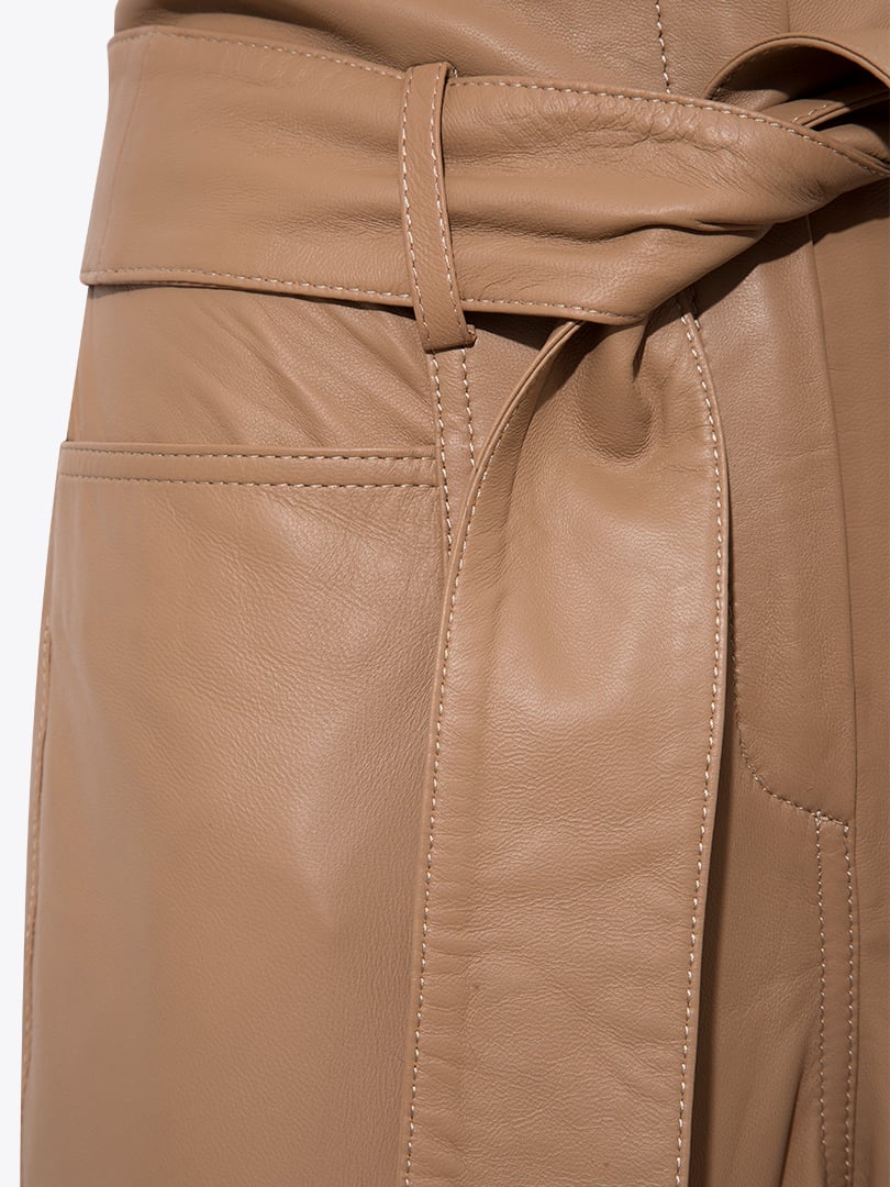 Beli Kuşaklı Yüksek Bel Deri Pantolon - Bal Köpüğü