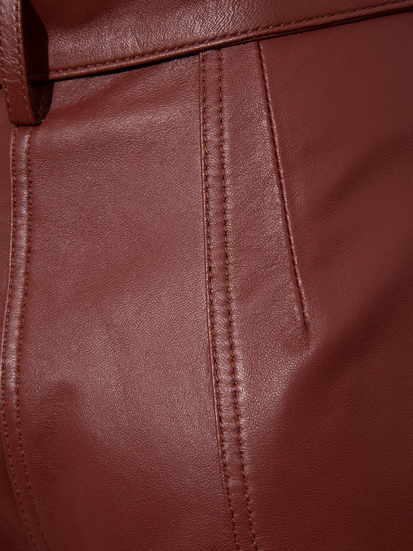 Beli Kuşaklı Yüksek Bel Deri Pantolon - Bordo