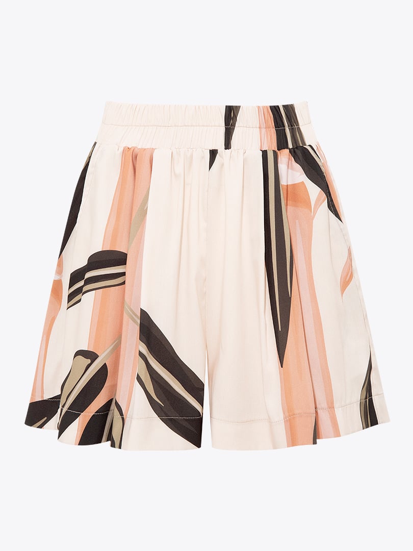 Beli Lastikli Bambu Desenli Şort - Bej Desenli