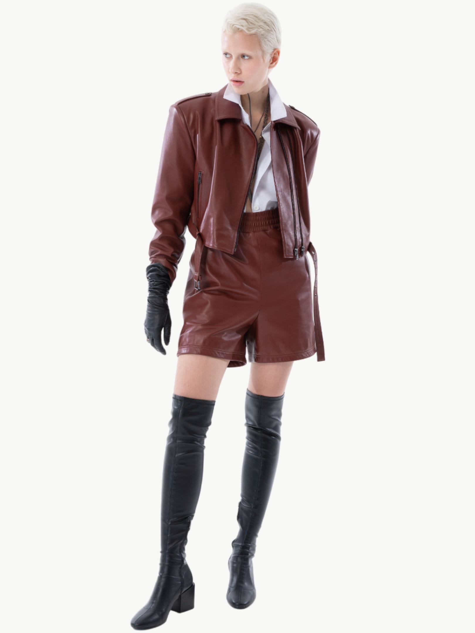 Beli Lastikli Deri Şort - Bordo Deri Şort Modelleri