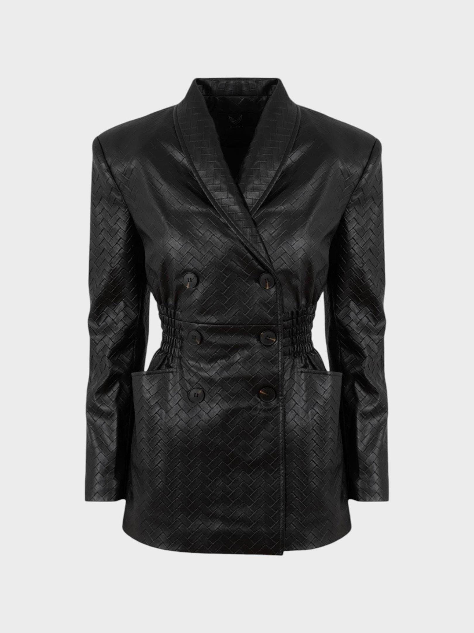 Beli Oturtmalı ve Düğmeli Vegan Örgü Deri Ceket - Siyah Vegan Deri Ceket Modelleri