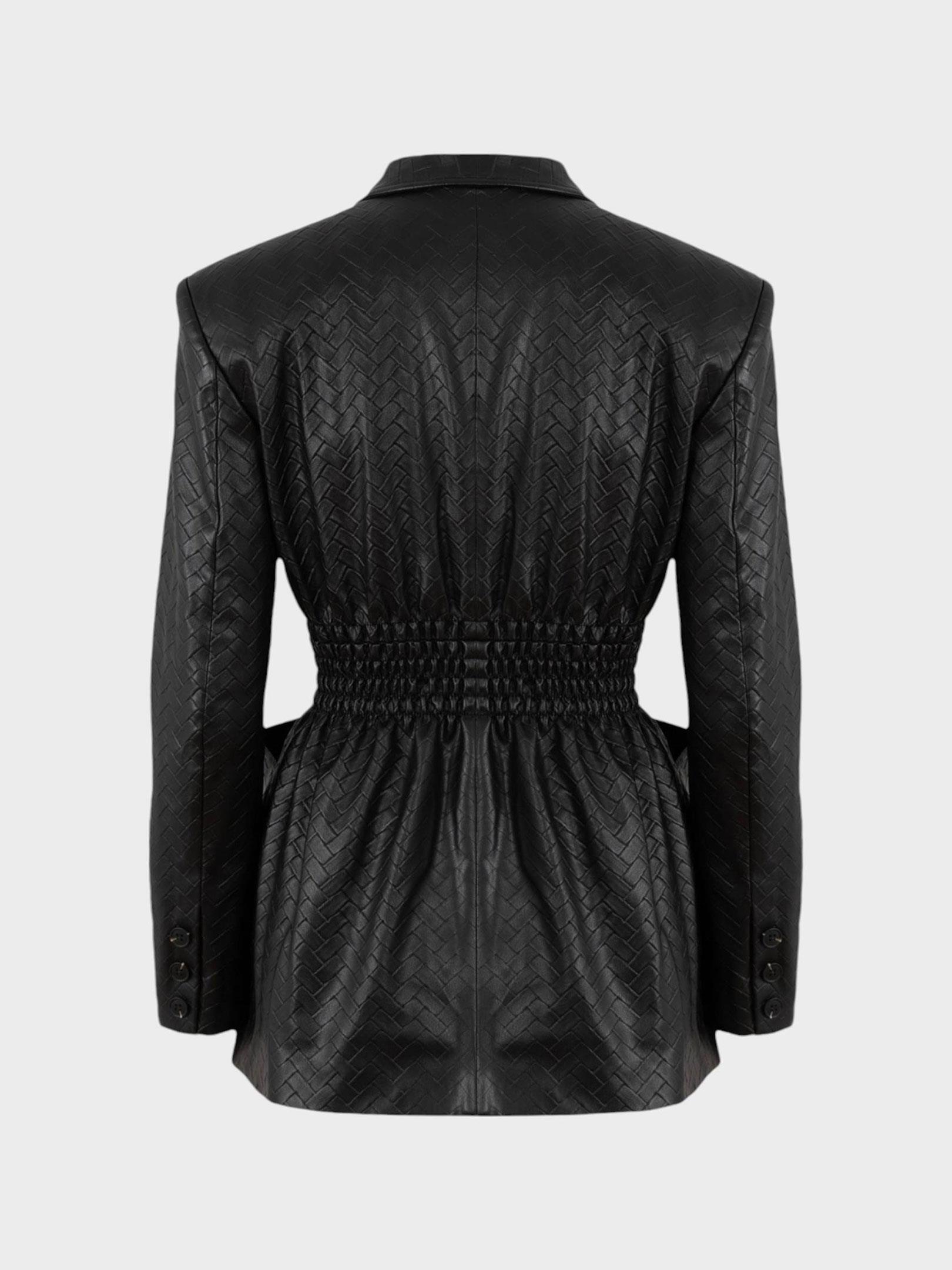 Beli Oturtmalı ve Düğmeli Vegan Örgü Deri Ceket - Siyah Vegan Deri Ceket Modelleri