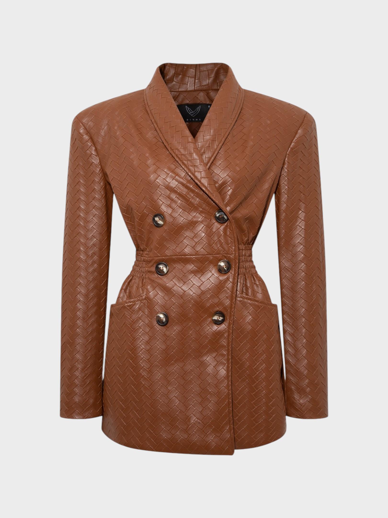 Beli Oturtmalı ve Düğmeli Vegan Örgü Deri Ceket - Taba Vegan Deri Ceket Modelleri