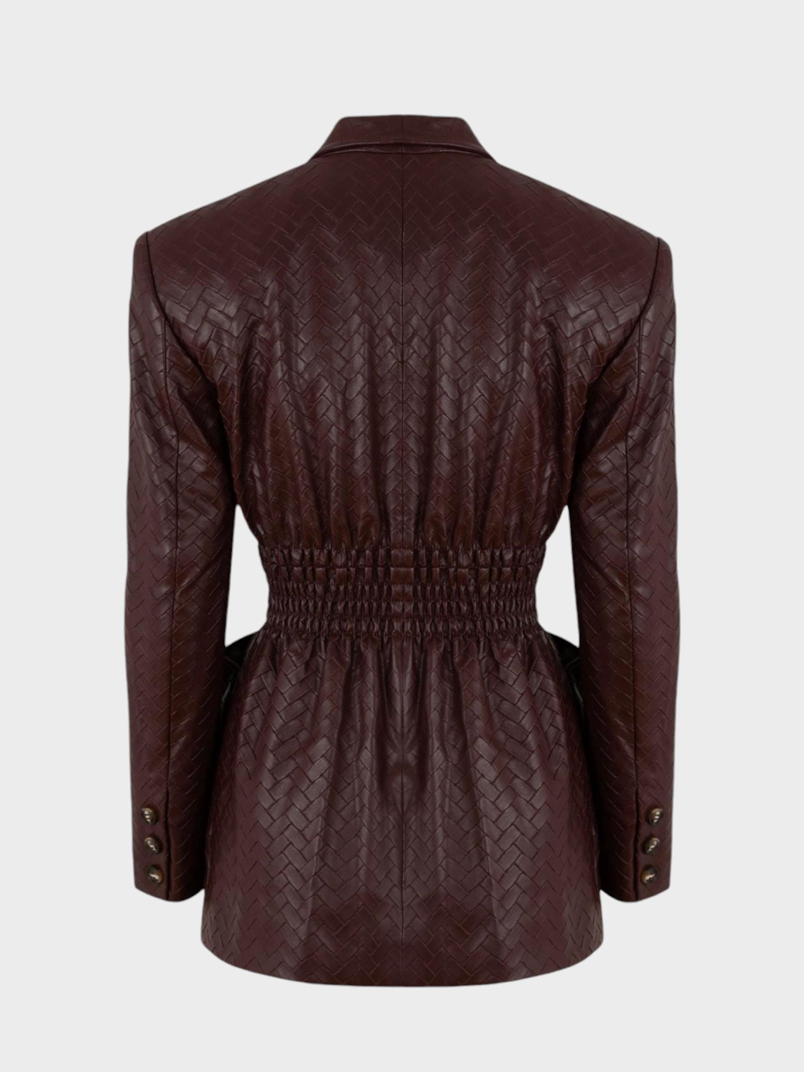 Beli Oturtmalı ve Düğmeli Vegan Örgü Deri Ceket - Bordo Ceket Modelleri