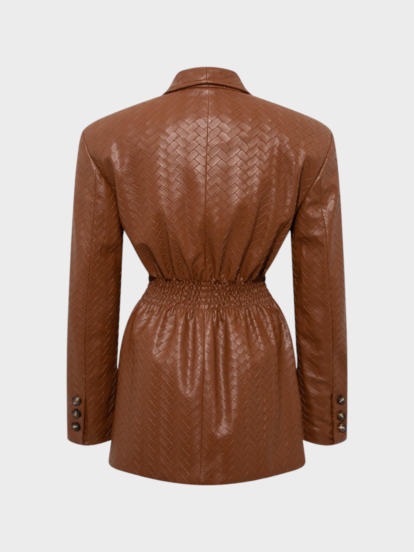 Beli Oturtmalı ve Düğmeli Vegan Örgü Deri Ceket - Taba Vegan Deri Ceket Modelleri