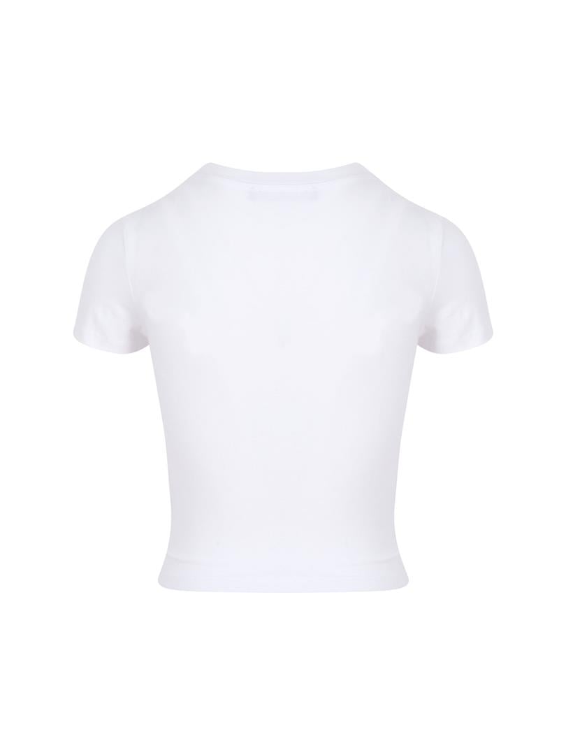 Bisiklet Yaka Basic Crop Tişört - Beyaz