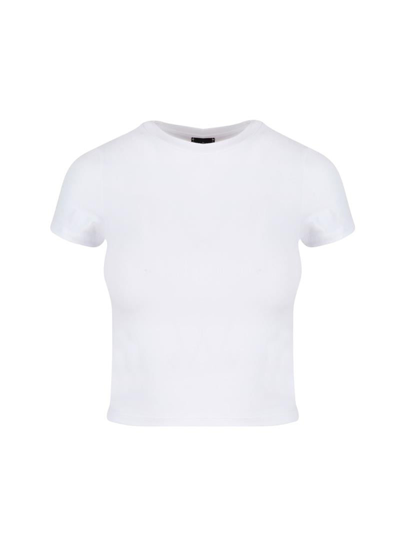 Bisiklet Yaka Basic Crop Tişört - Beyaz