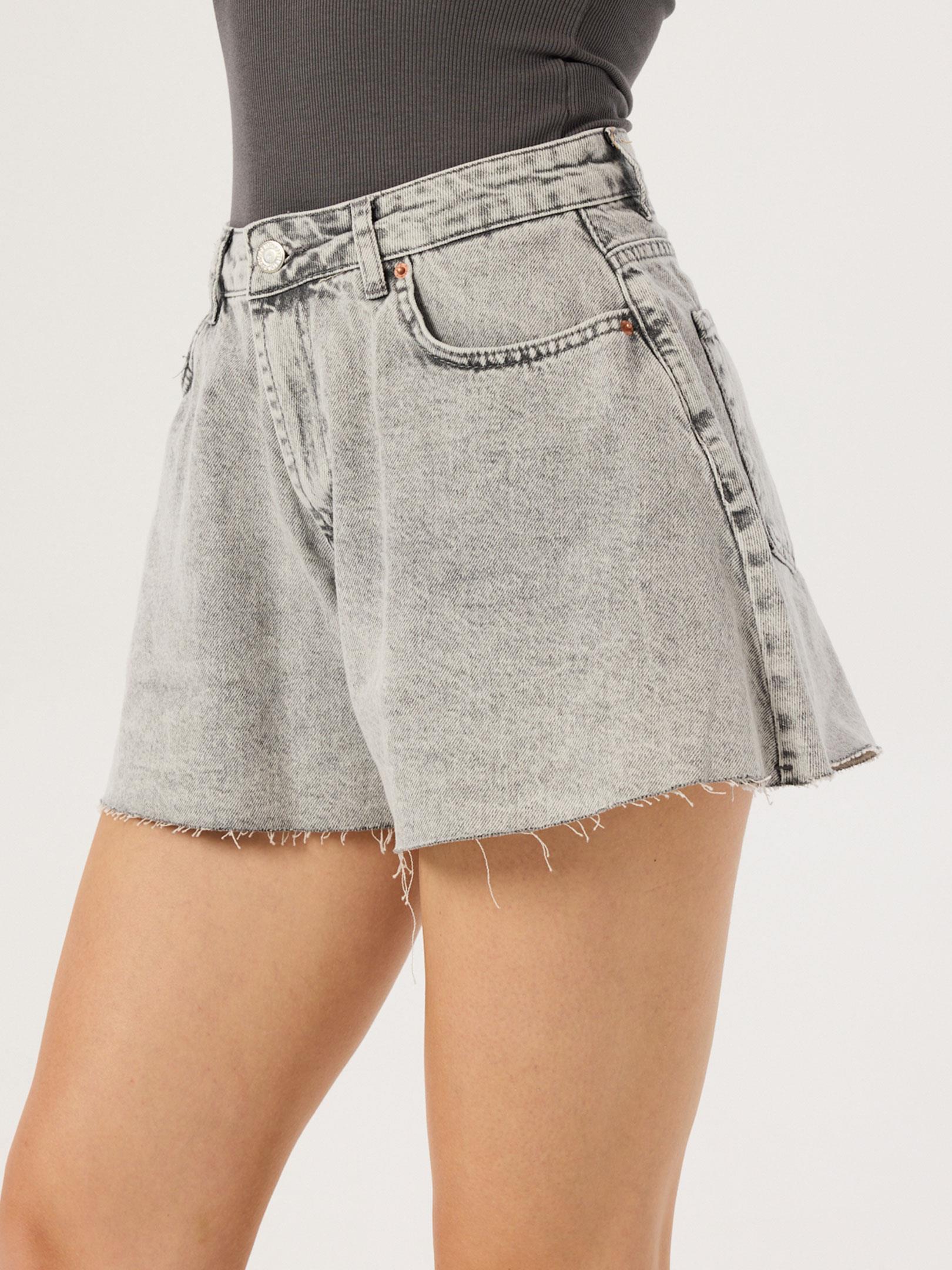 Bol Kesim Yüksek Bel Jean Şort - Gri Şort Modelleri
