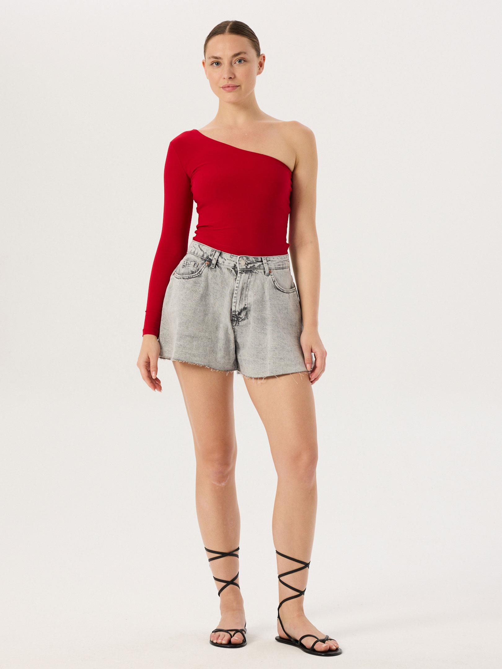 Bol Kesim Yüksek Bel Jean Şort - Gri Şort Modelleri