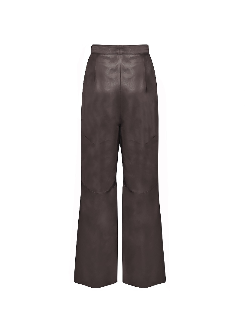 Bol Paça Pileli Deri Pantolon - Acı Kahve