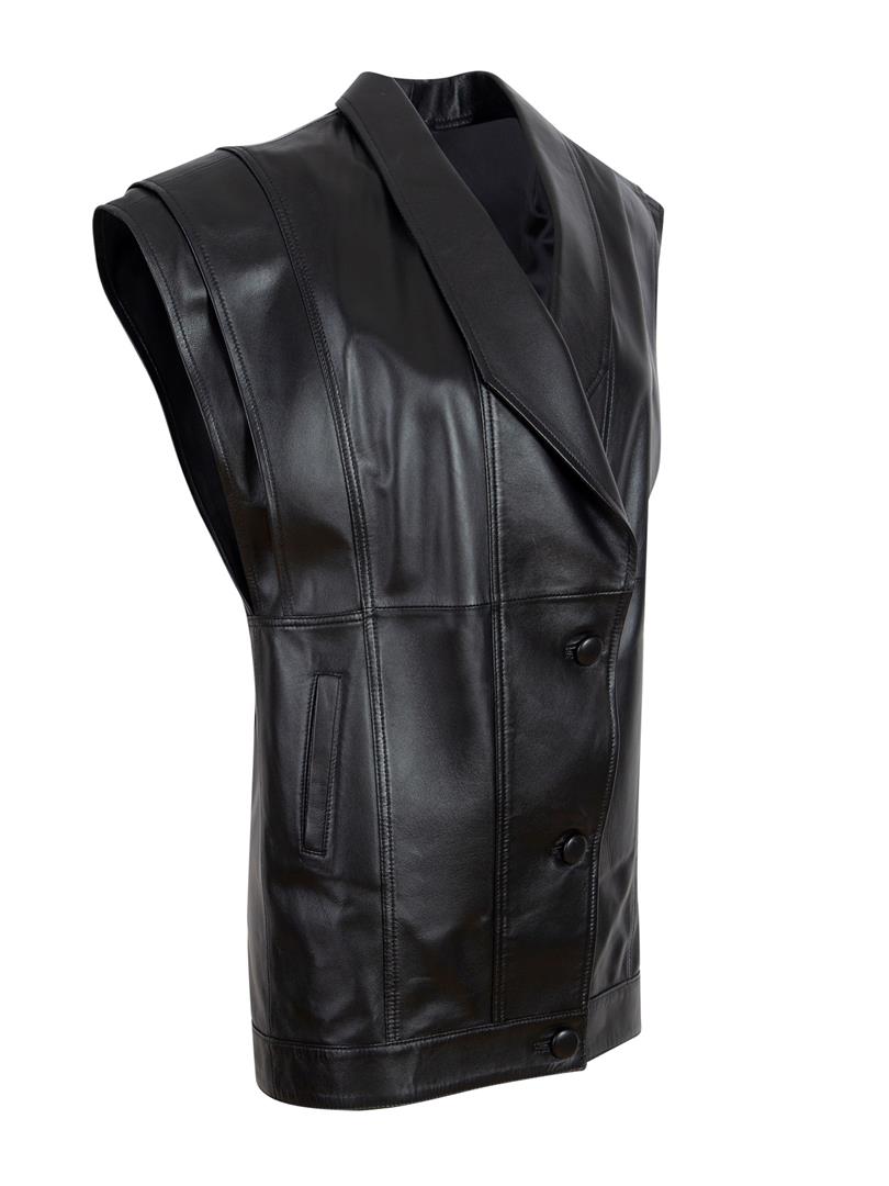 Büyük Düğmeli Deri Yelek - Siyah