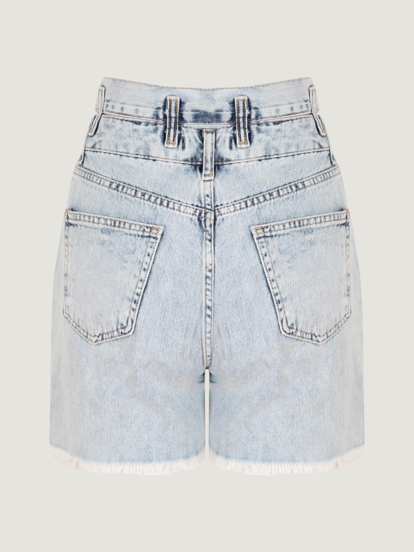 Çift Bel Kemerli Eskitmeli Jean Şort - Light Indigo Şort Modelleri