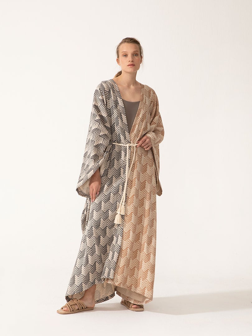 Çift Renkli Bağlamalı Maksi Boy Kimono - Sarı