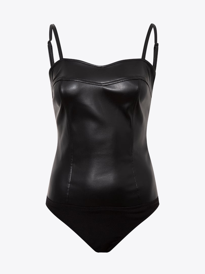 Çıtçıtlı Askılı Vegan Deri Body - Siyah