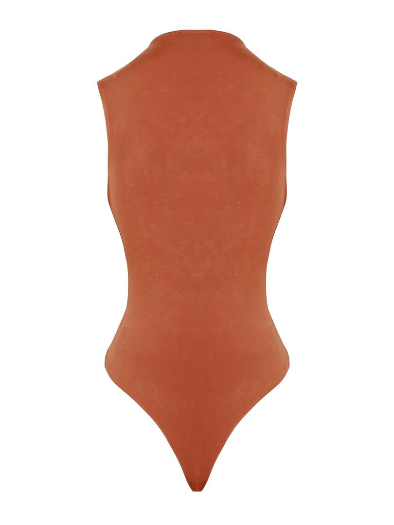 Çıtçıtlı Kolsuz Kristal Taşlı İkonik Body - Taba