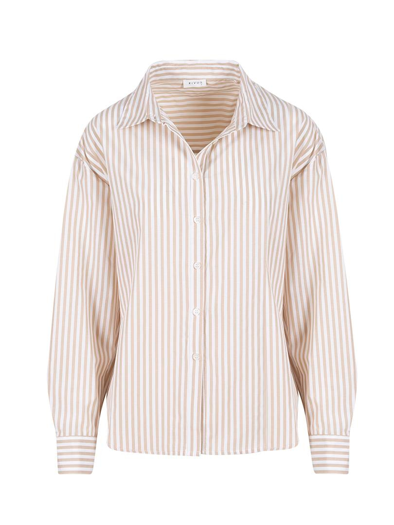 Çizgili Düşük Omuz Oversize Gömlek - Bej Çizgili