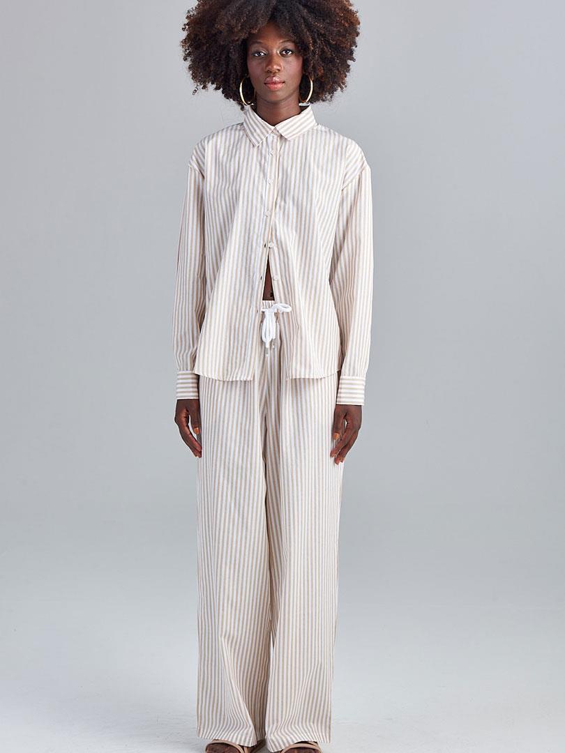 Çizgili Düşük Omuz Oversize Gömlek - Bej Çizgili