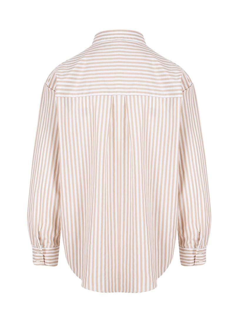 Çizgili Düşük Omuz Oversize Gömlek - Bej Çizgili