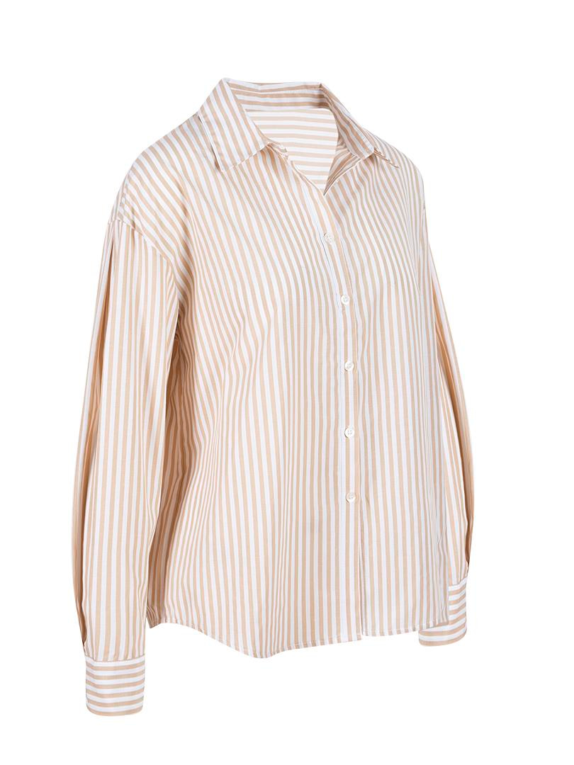 Çizgili Düşük Omuz Oversize Gömlek - Bej Çizgili