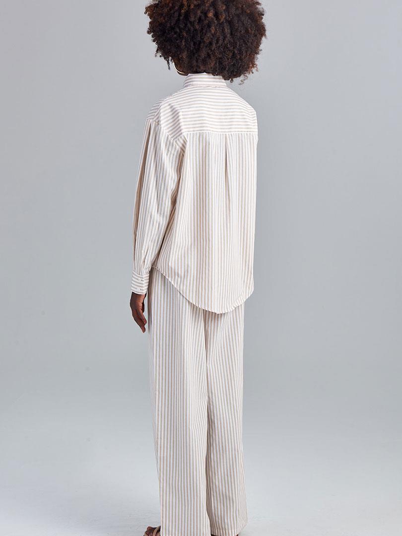 Çizgili Düşük Omuz Oversize Gömlek - Bej Çizgili