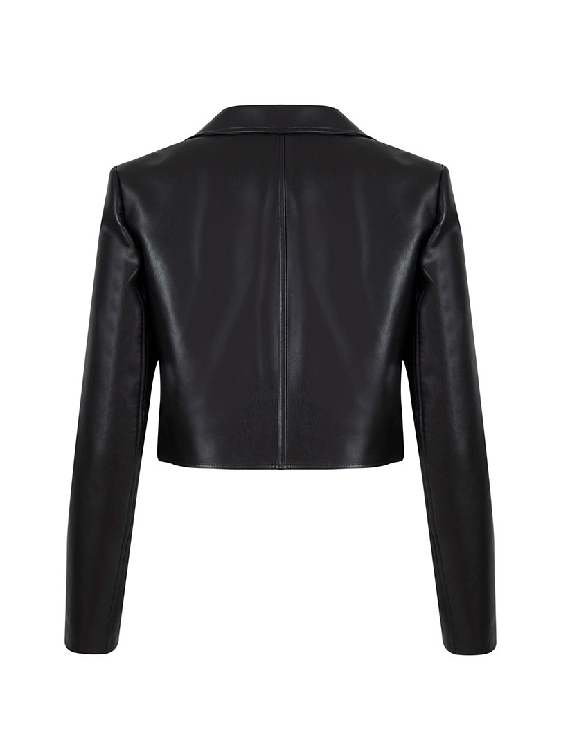 Crop Vegan Deri Ceket - Siyah