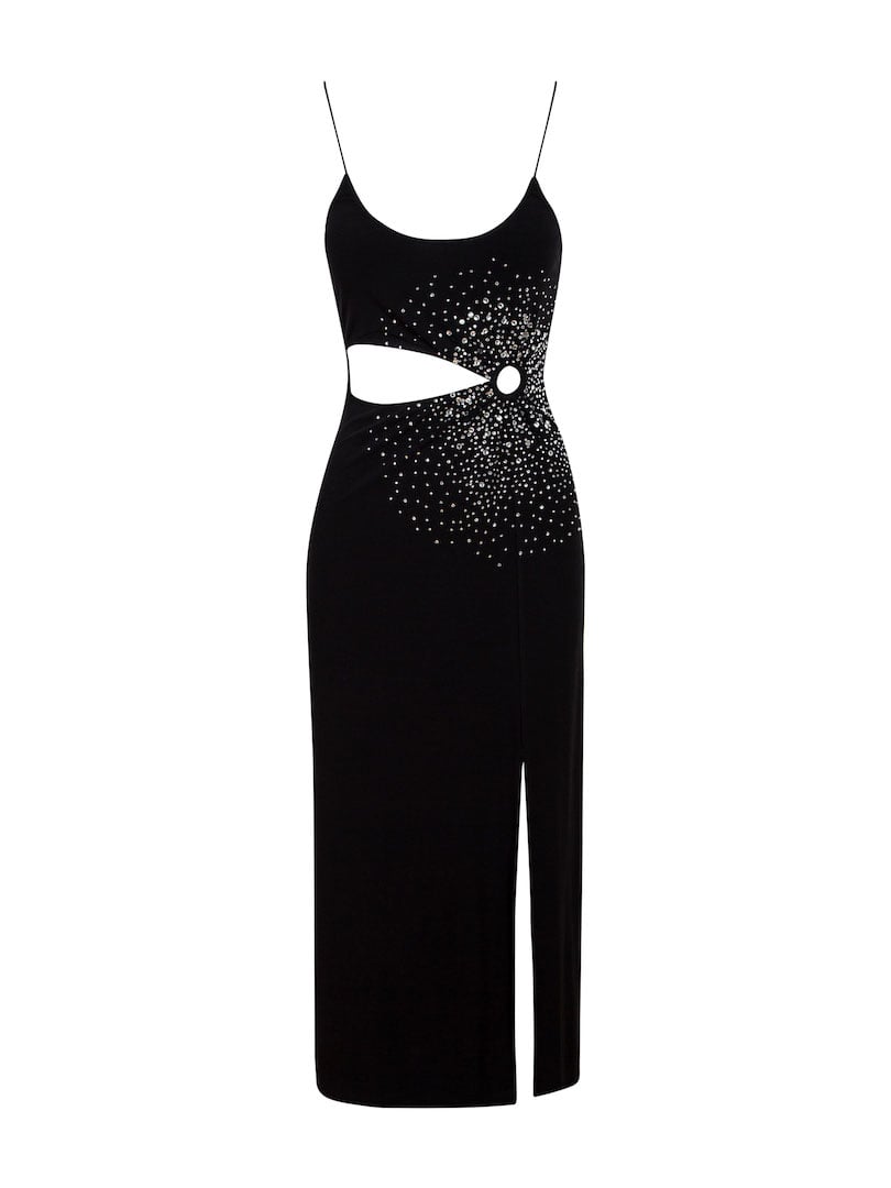 Cut Out Halka Detaylı Askılı Midi Kristal Taşlı Elbise - Siyah