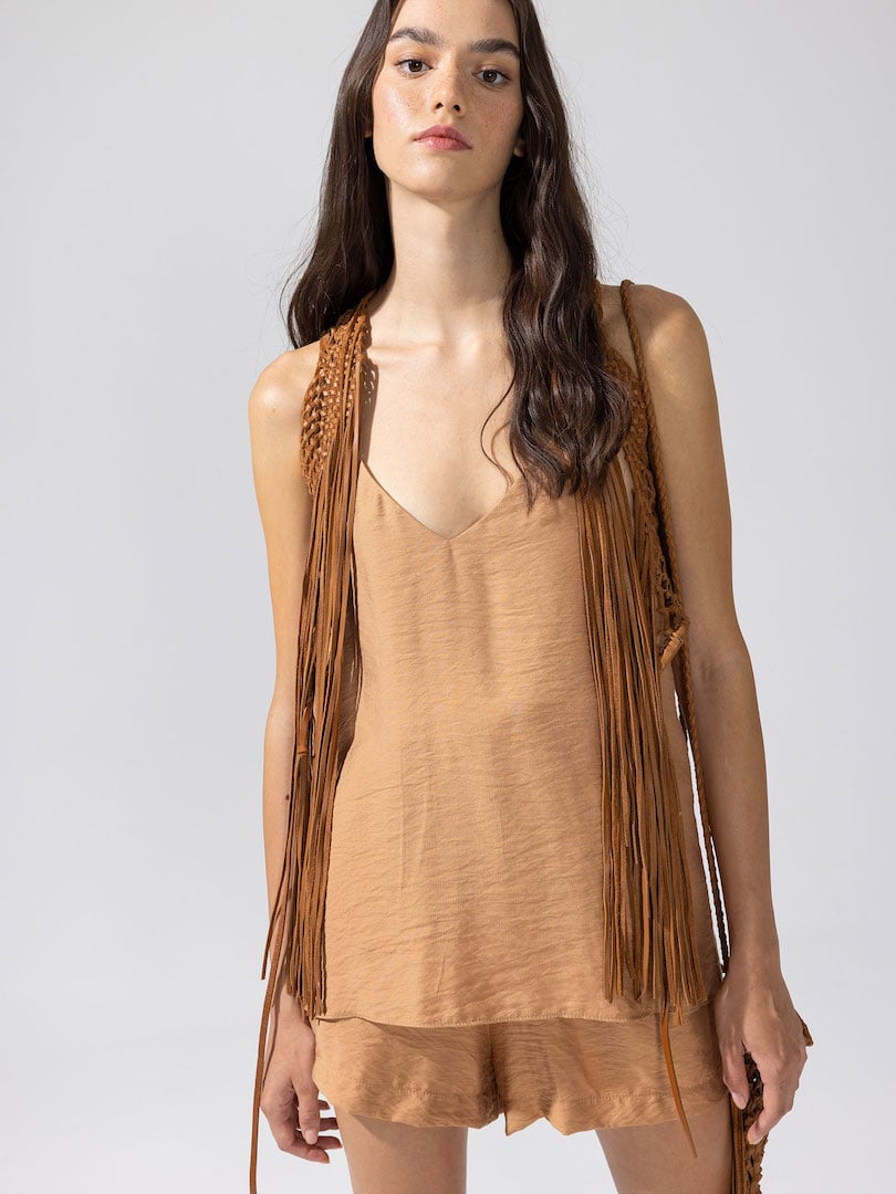 Deri Püsküllü Yelek - Taba