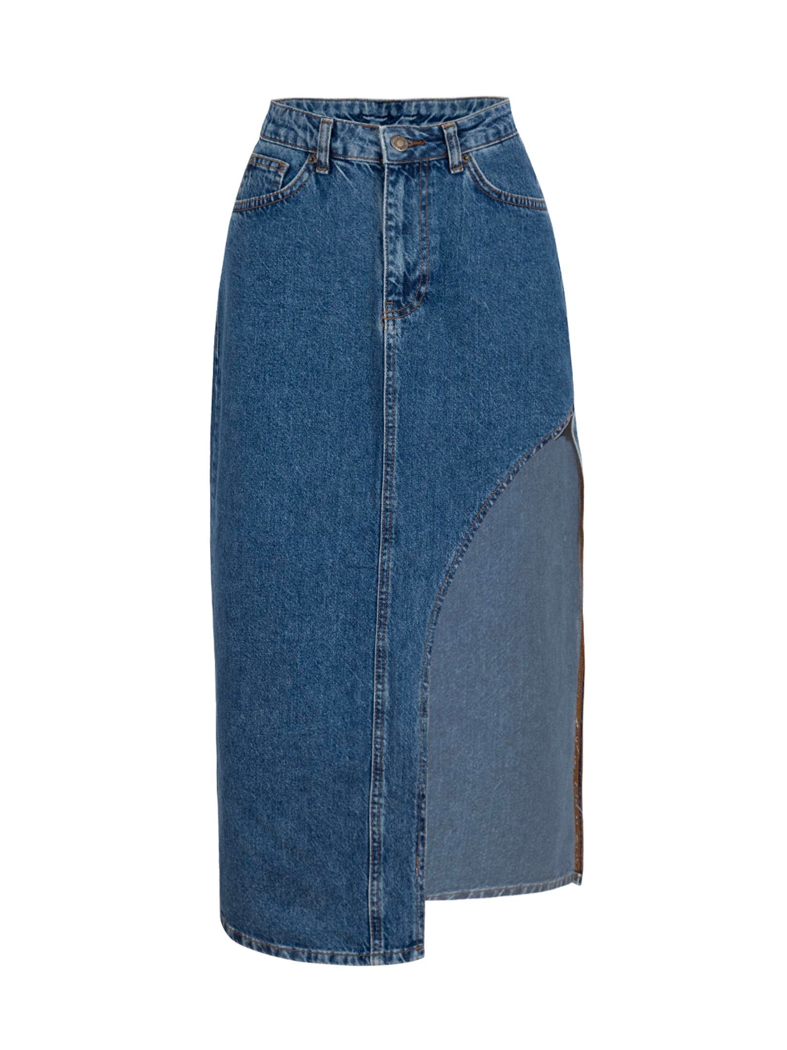 Derin Yırtmaçlı Jean Etek - Indigo Etek Modelleri