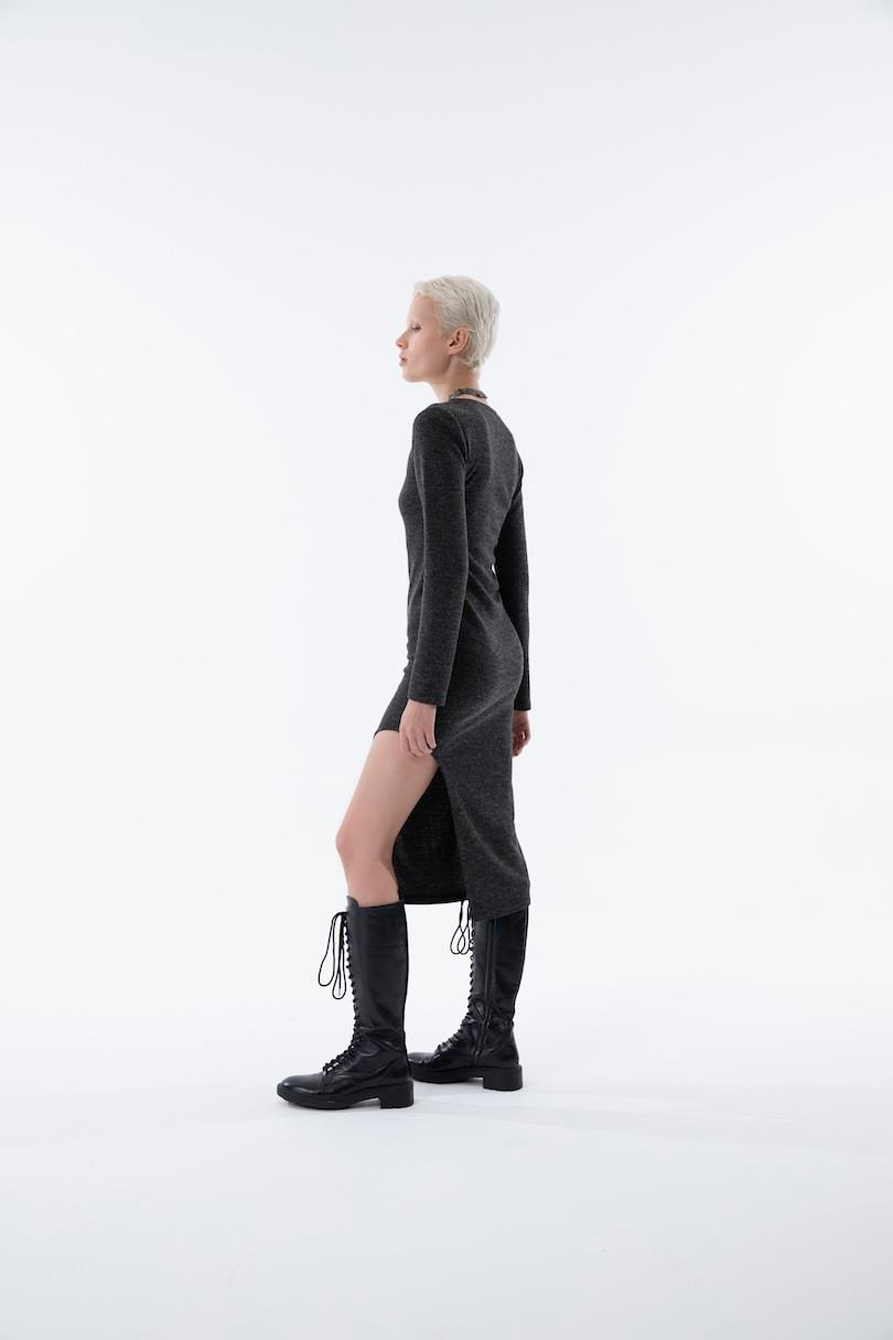 Derin Yırtmaçlı Örme Elbise - Antrasit