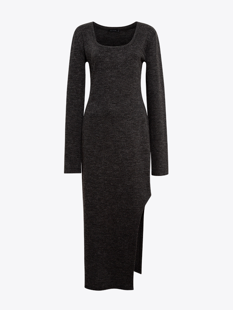 Derin Yırtmaçlı Örme Elbise - Antrasit
