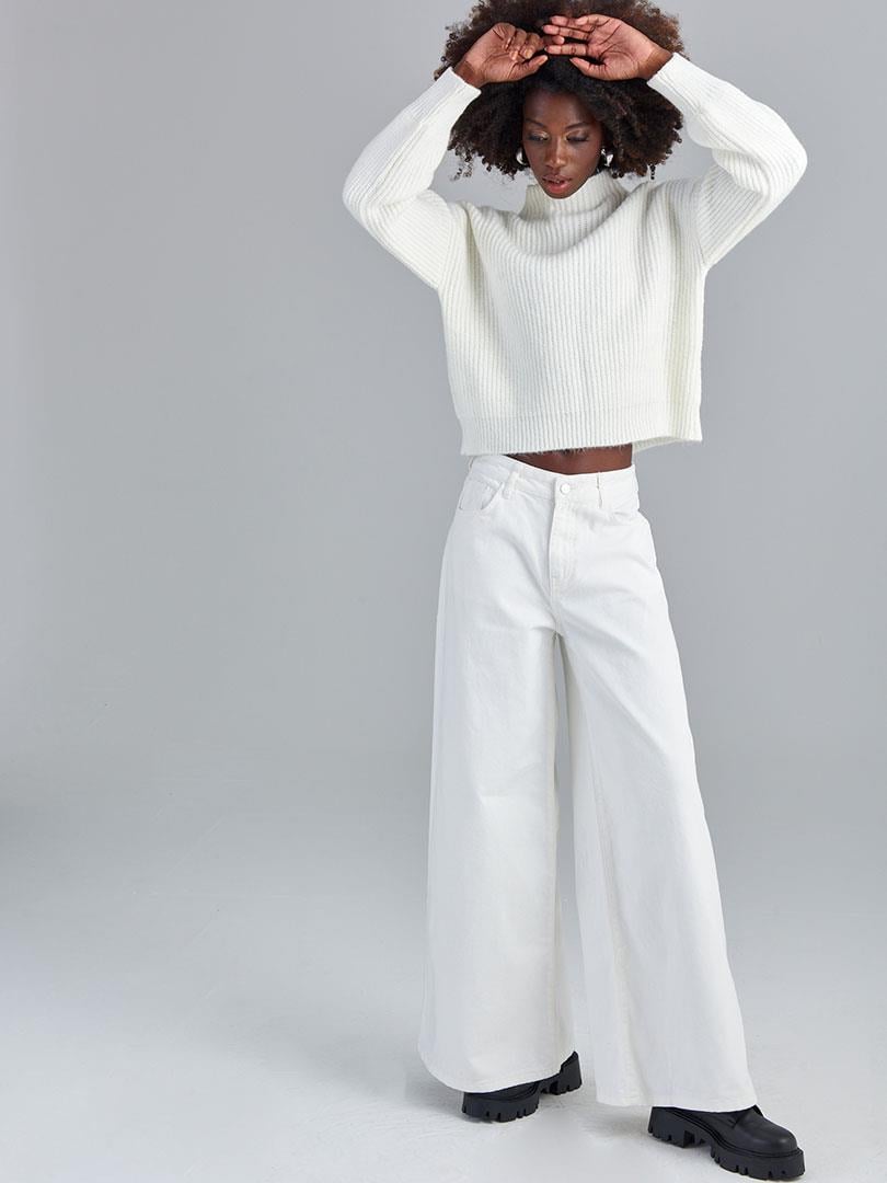 Dik Yaka Balon Kollu Triko kazak - Ekru Triko & Kazak Modelleri