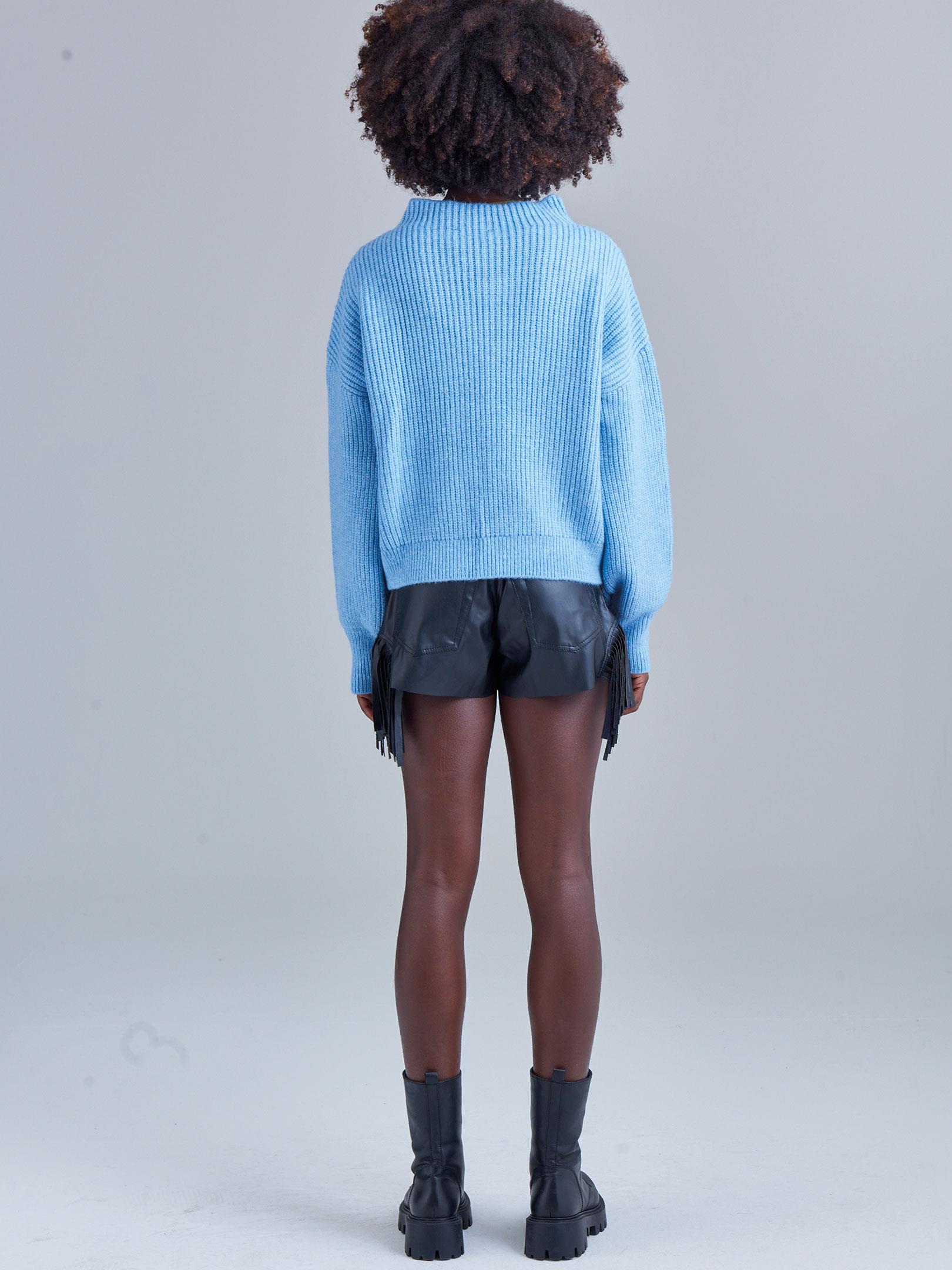 Dik Yaka Balon Kollu Triko kazak - Mavi Triko & Kazak Modelleri