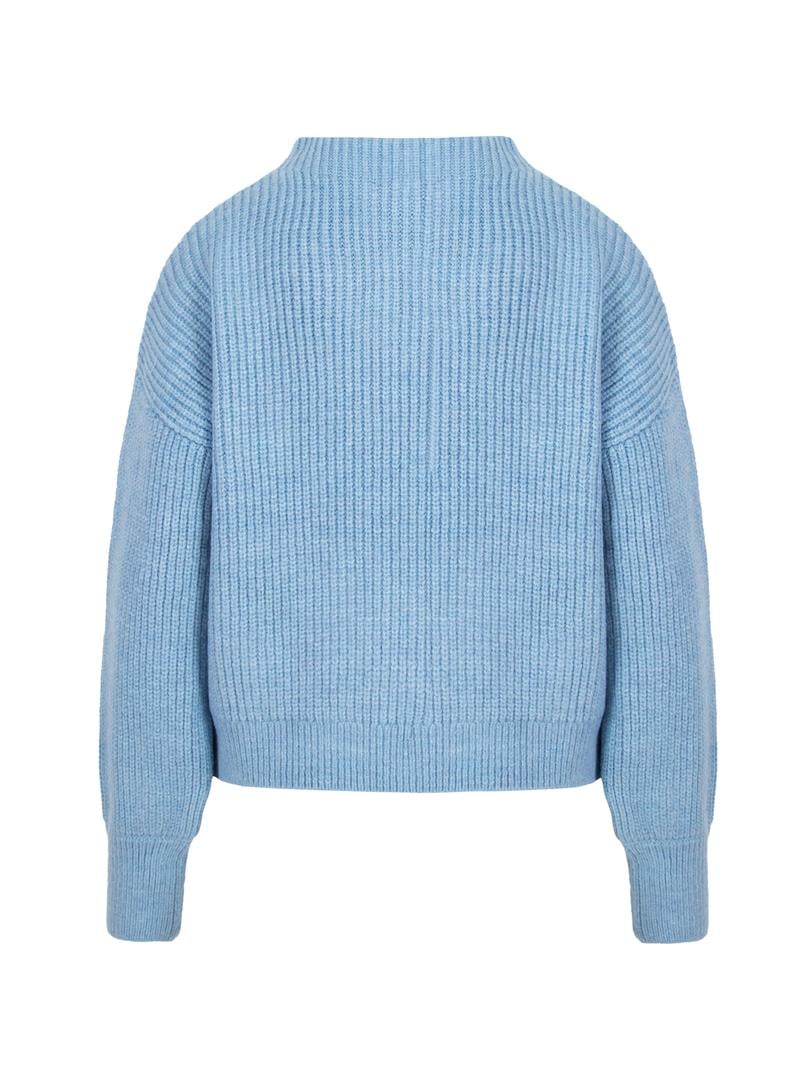 Dik Yaka Balon Kollu Triko kazak - Mavi