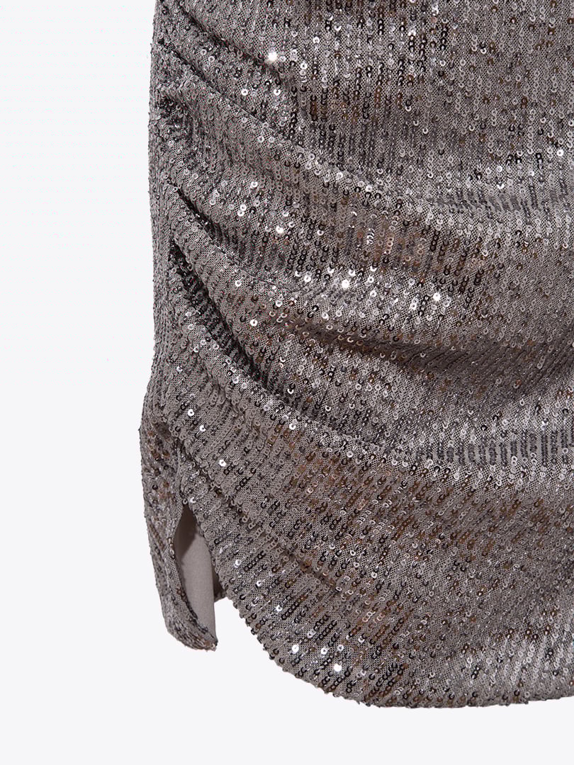 Drape Detaylı Askılı Pullu Mini Elbise - Gri