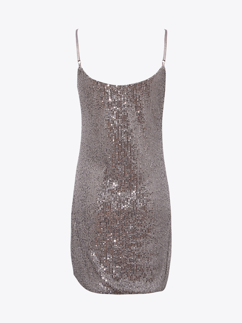 Drape Detaylı Askılı Pullu Mini Elbise - Gri