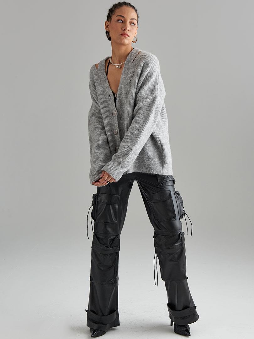 Düğmeli Oversize Cut Out Detaylı Triko Hırka - Gri