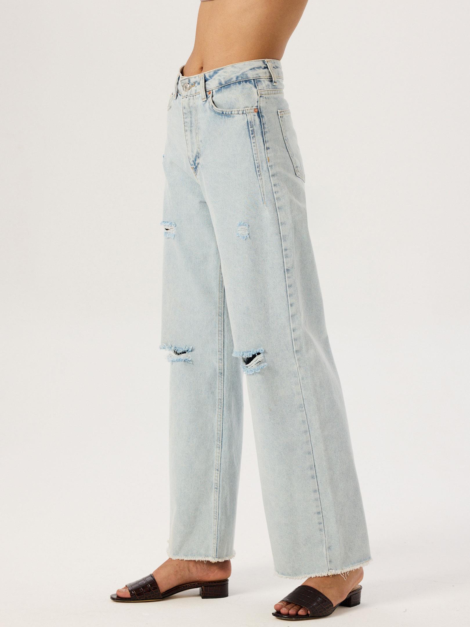 Eskitme Detaylı Bol Paça Jean Pantolon - Mavi Pantolon Modelleri