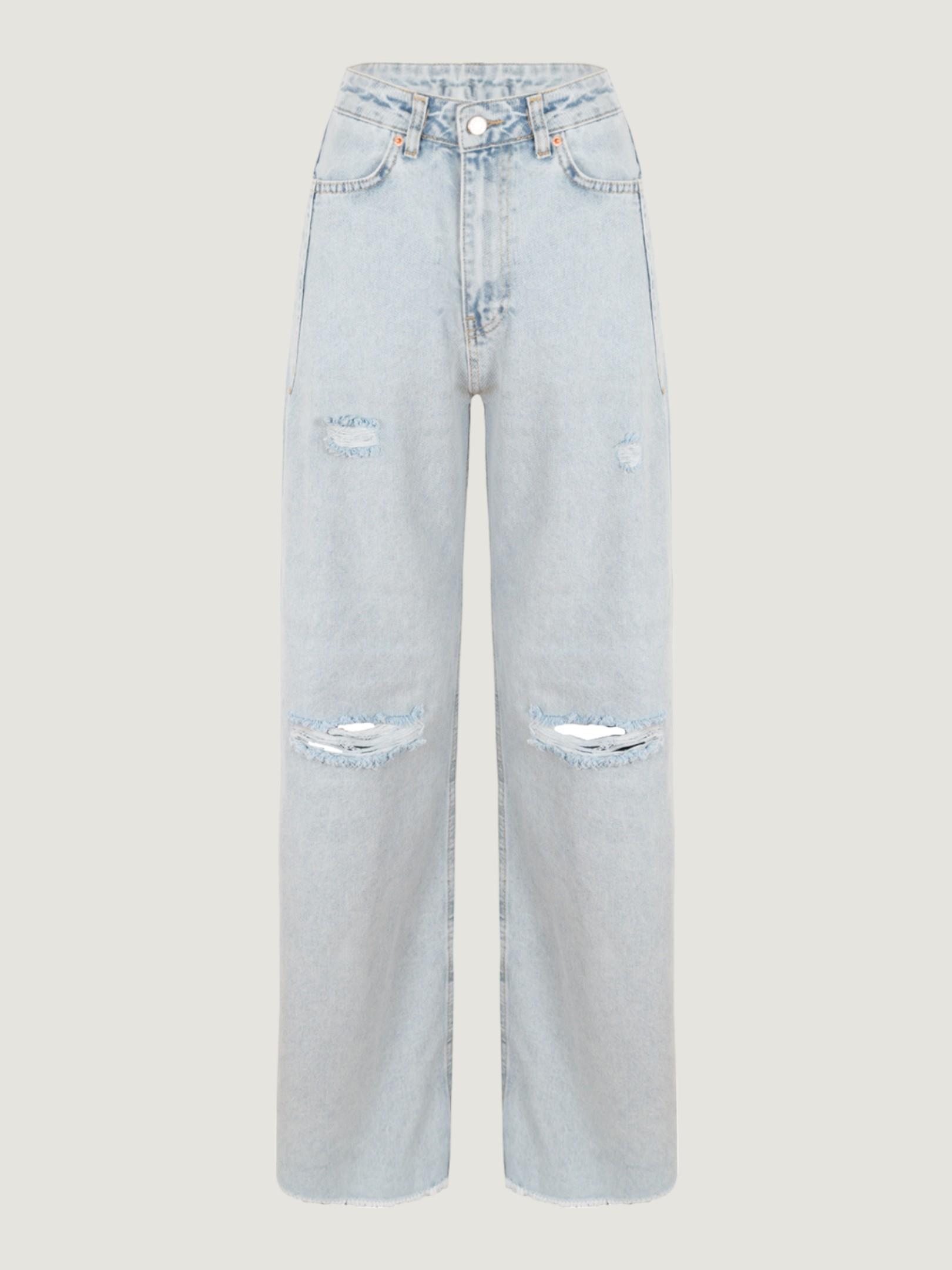 Eskitme Detaylı Bol Paça Jean Pantolon - Mavi Pantolon Modelleri