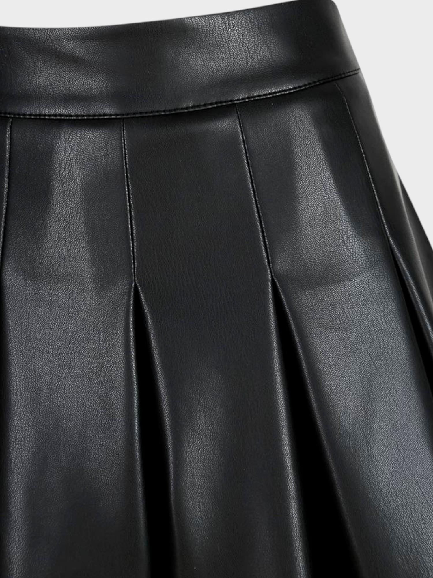 Fermuarlı Pileli Mini Vegan Deri Şort Etek - Siyah Vegan Deri Etek Modelleri