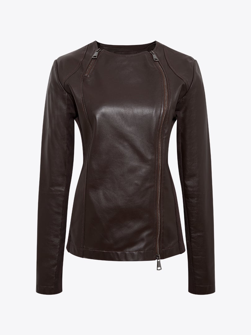 Garni Detaylı Dar Kesim Deri Ceket - Kahve