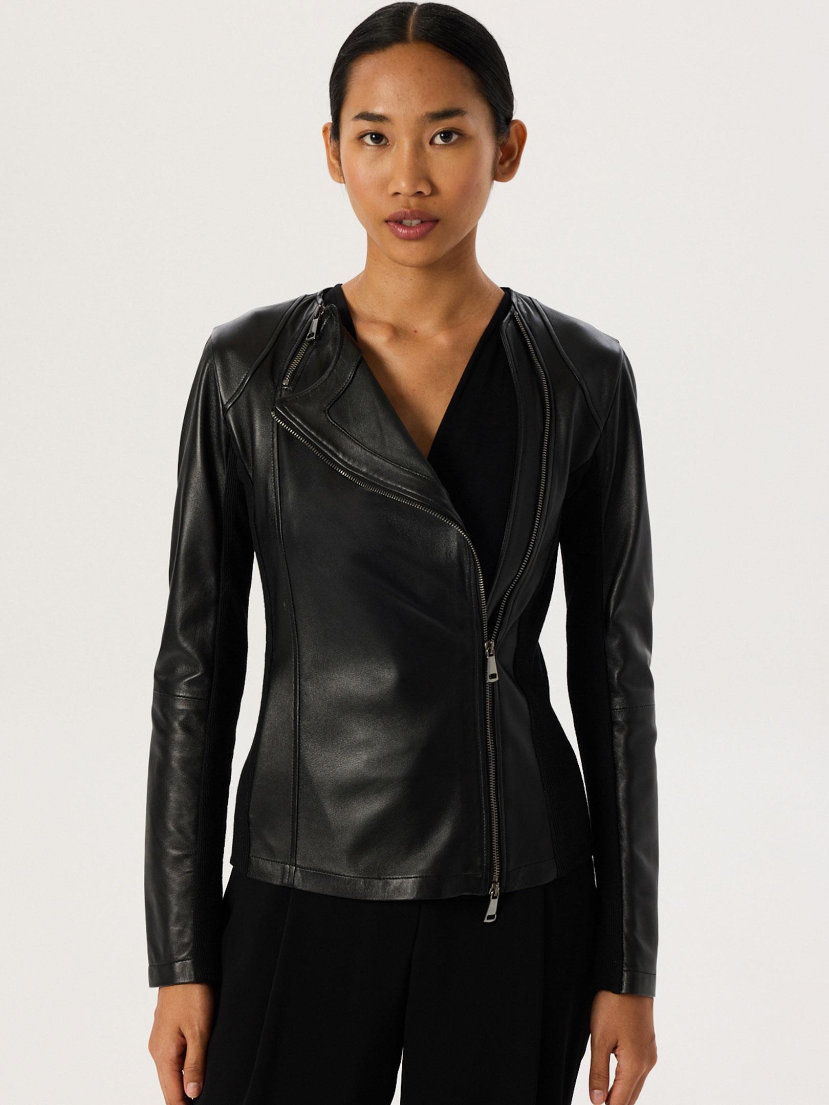 Garni Detaylı Dar Kesim Deri Ceket - Siyah Deri Ceket Modelleri