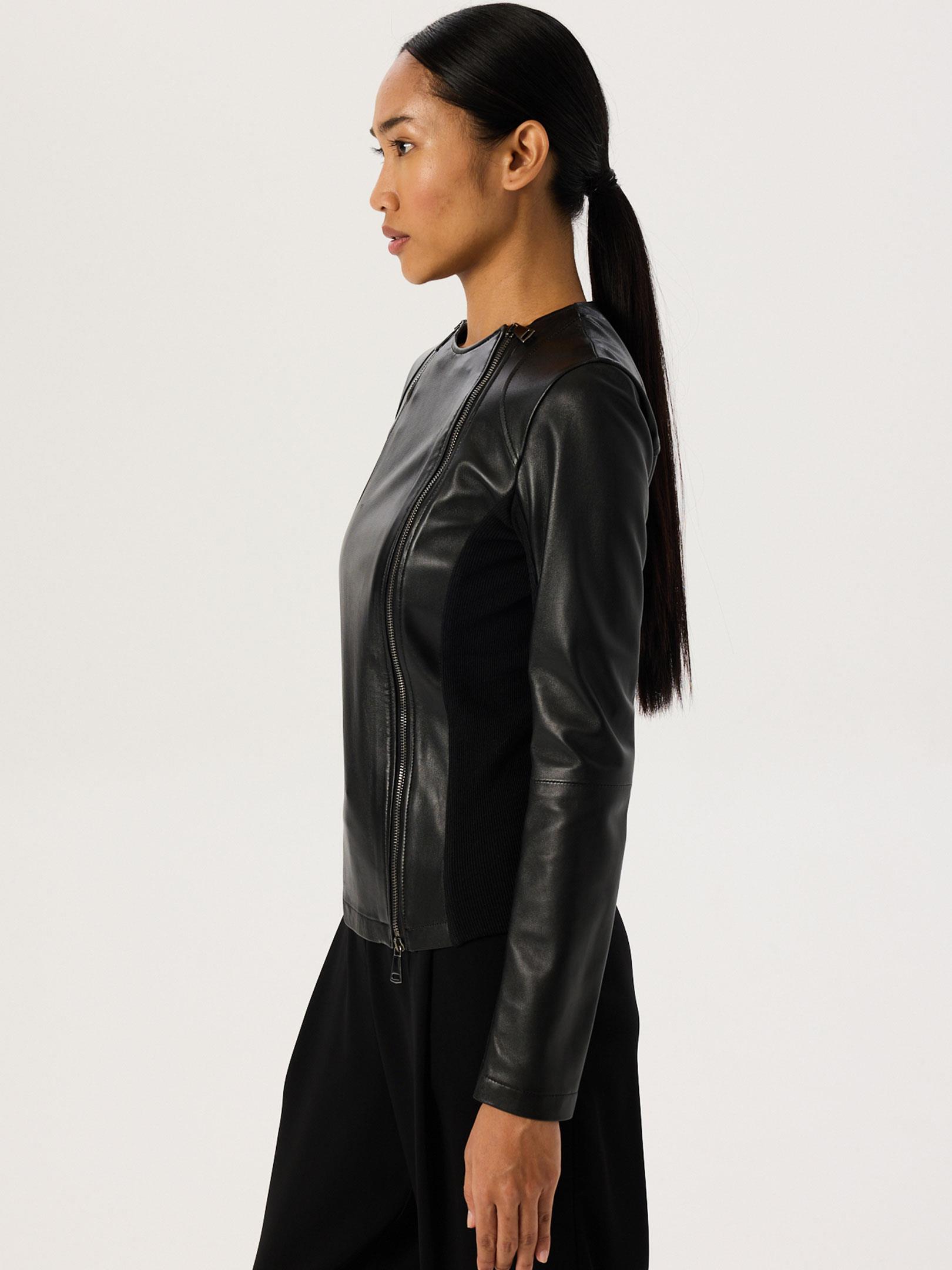 Garni Detaylı Dar Kesim Deri Ceket - Siyah Deri Ceket Modelleri