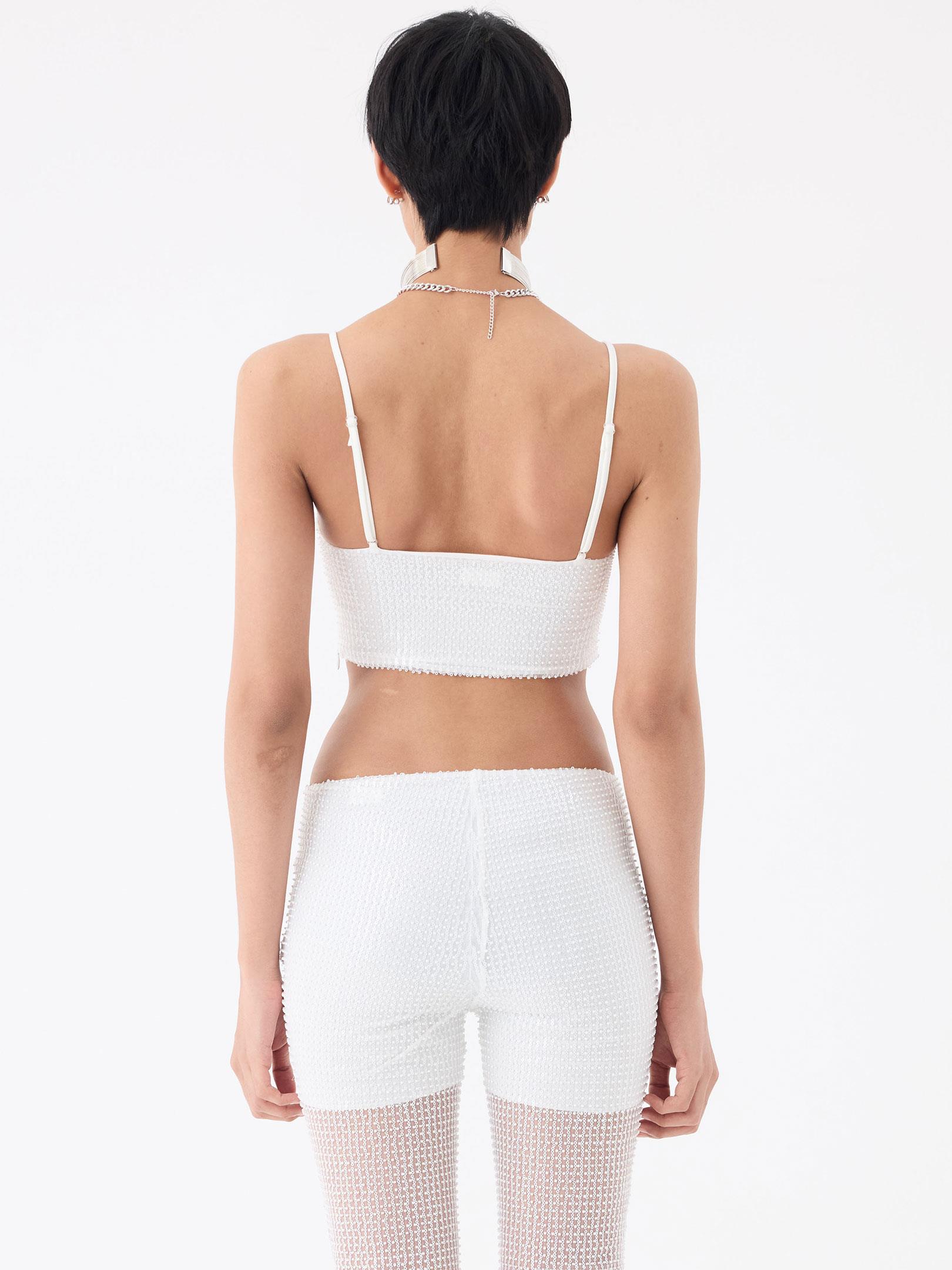 İnce Ayarlanabilir Askılı Payetli Crop Bluz - Ekru Bluz Modelleri