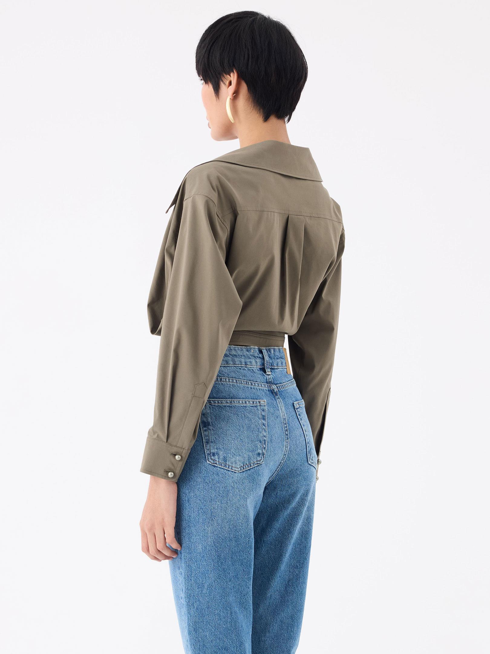 İnci Düğmeli Oversize Koton Gömlek - Haki Gömlek Modelleri