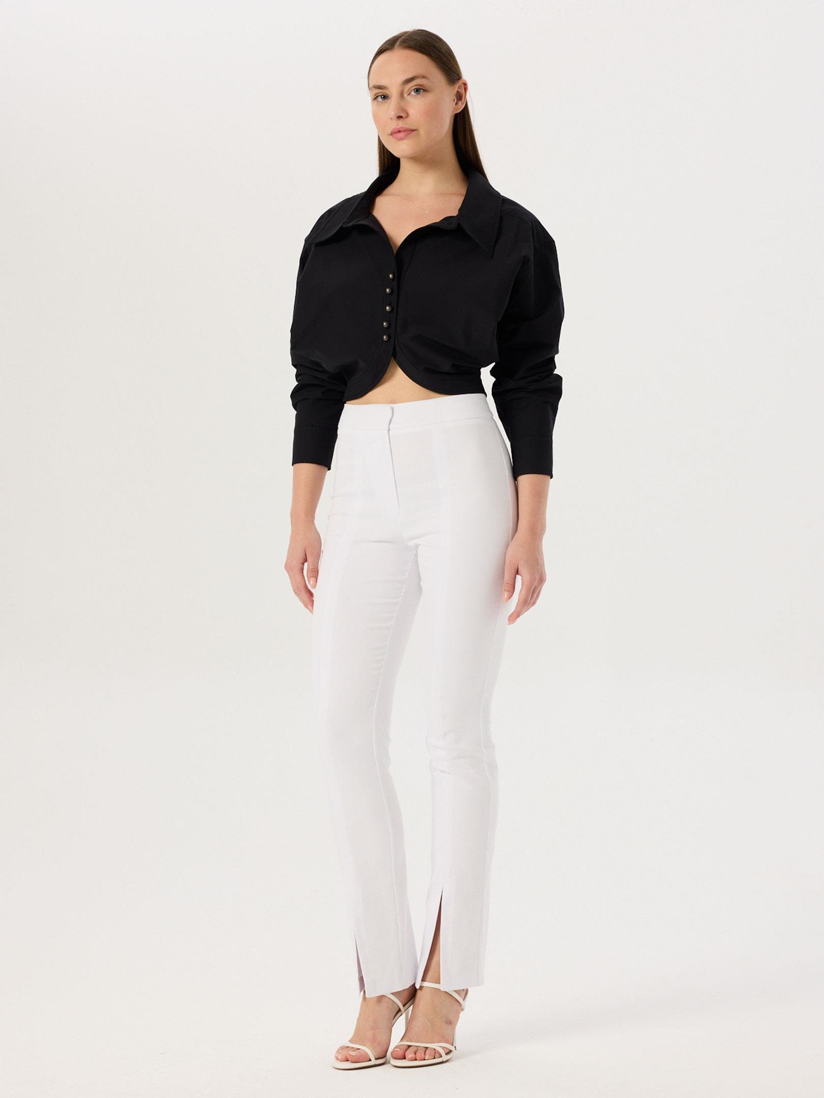 İnci Düğmeli Oversize Koton Gömlek - Siyah Gömlek Modelleri