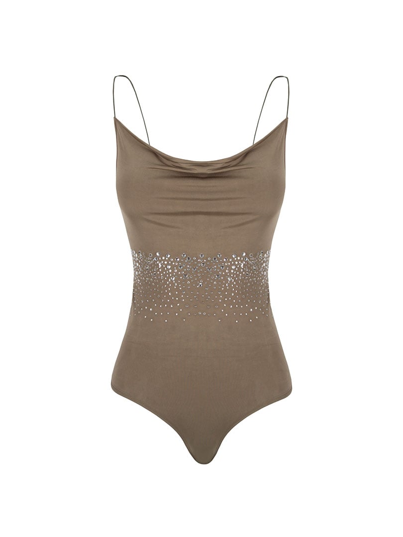 İp Askılı Degaje Yaka Kristal Taşlı Bodysuit - Haki