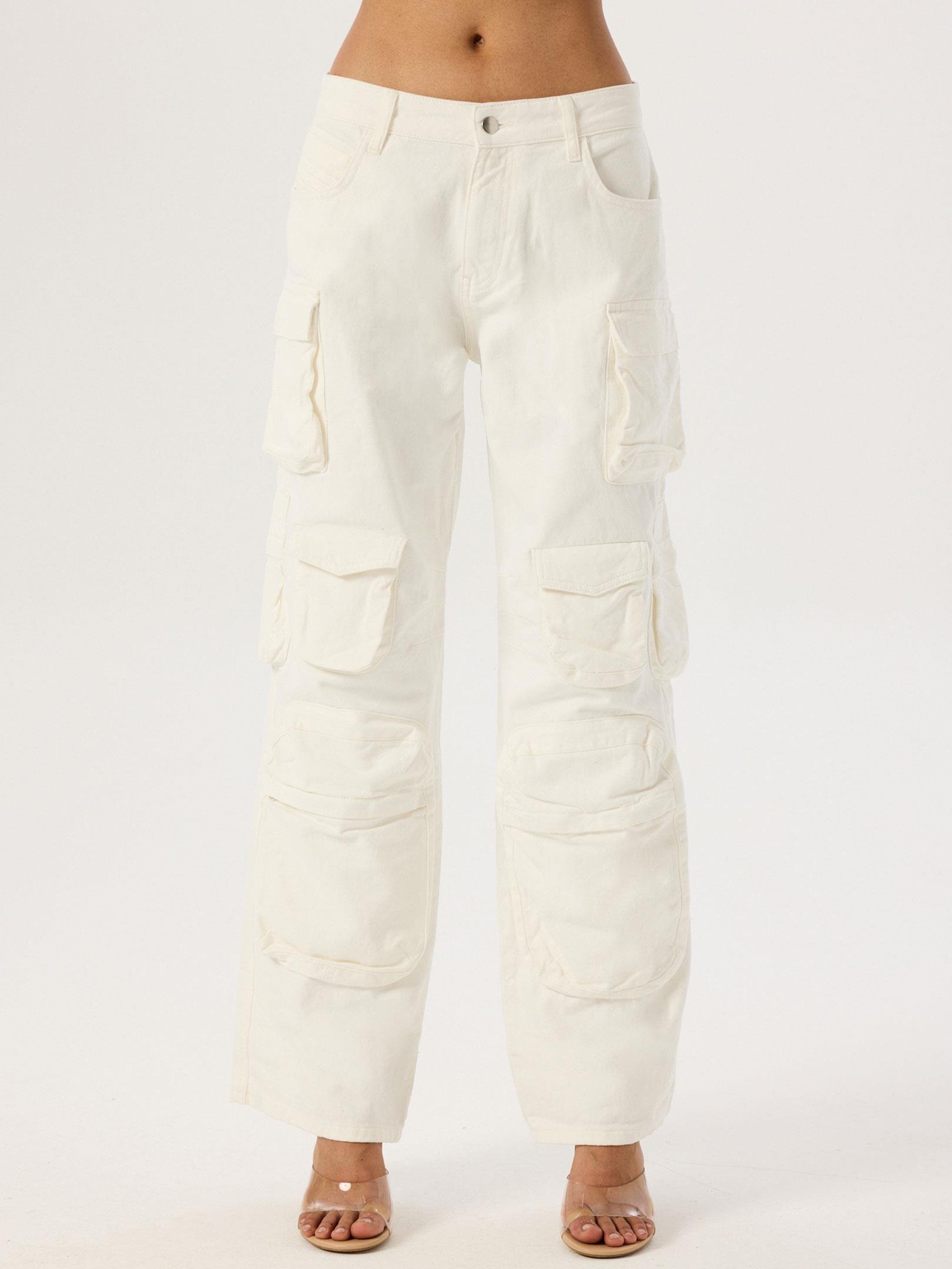 Jean Kargo Çok Cepli Pantolon - Beyaz Pantolon Modelleri