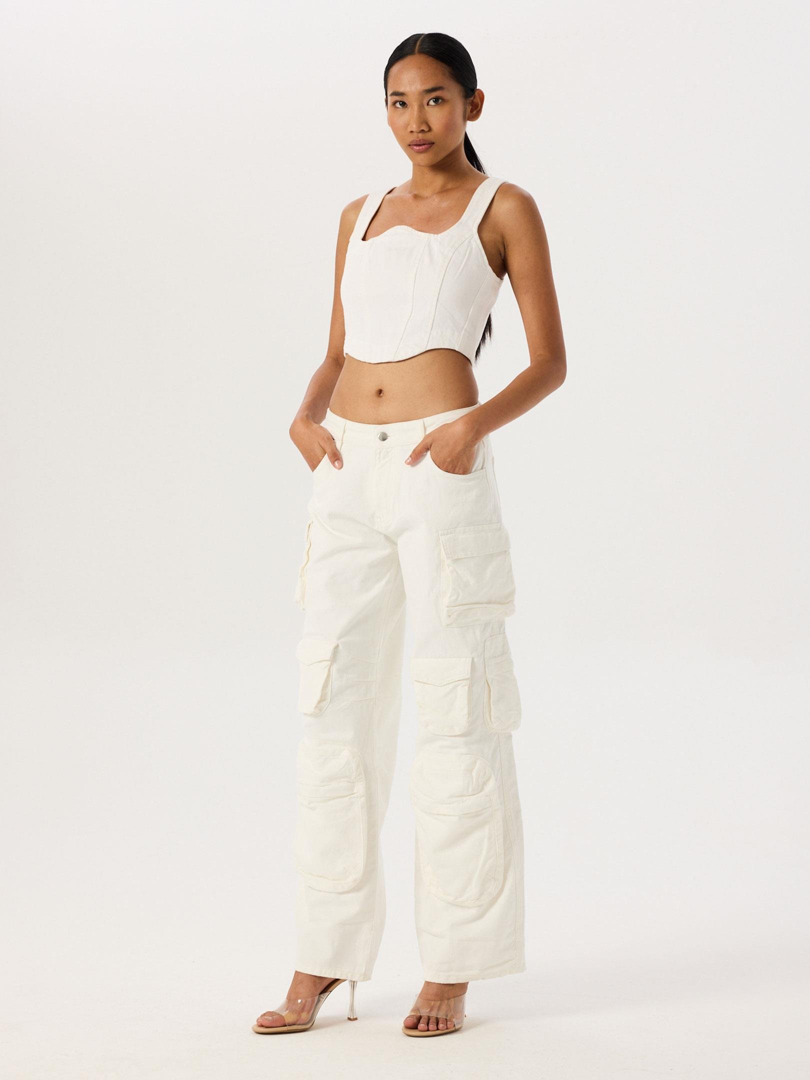 Jean Kargo Çok Cepli Pantolon - Beyaz Pantolon Modelleri