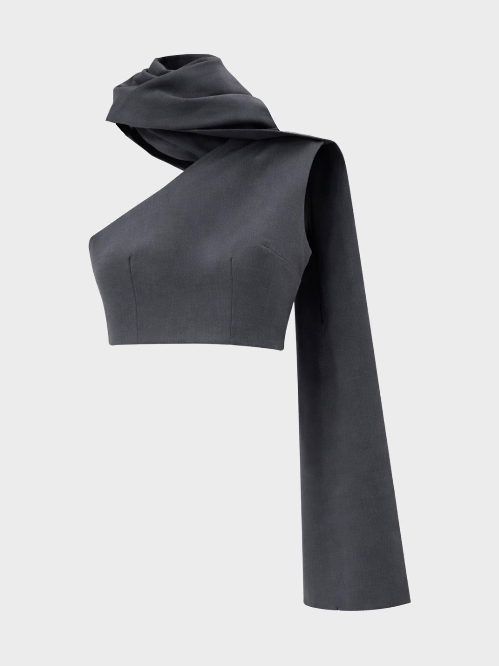 Kadın, Bayan Asimetrik Şal Detaylı Crop Bluz - Gri Bluz Modelleri