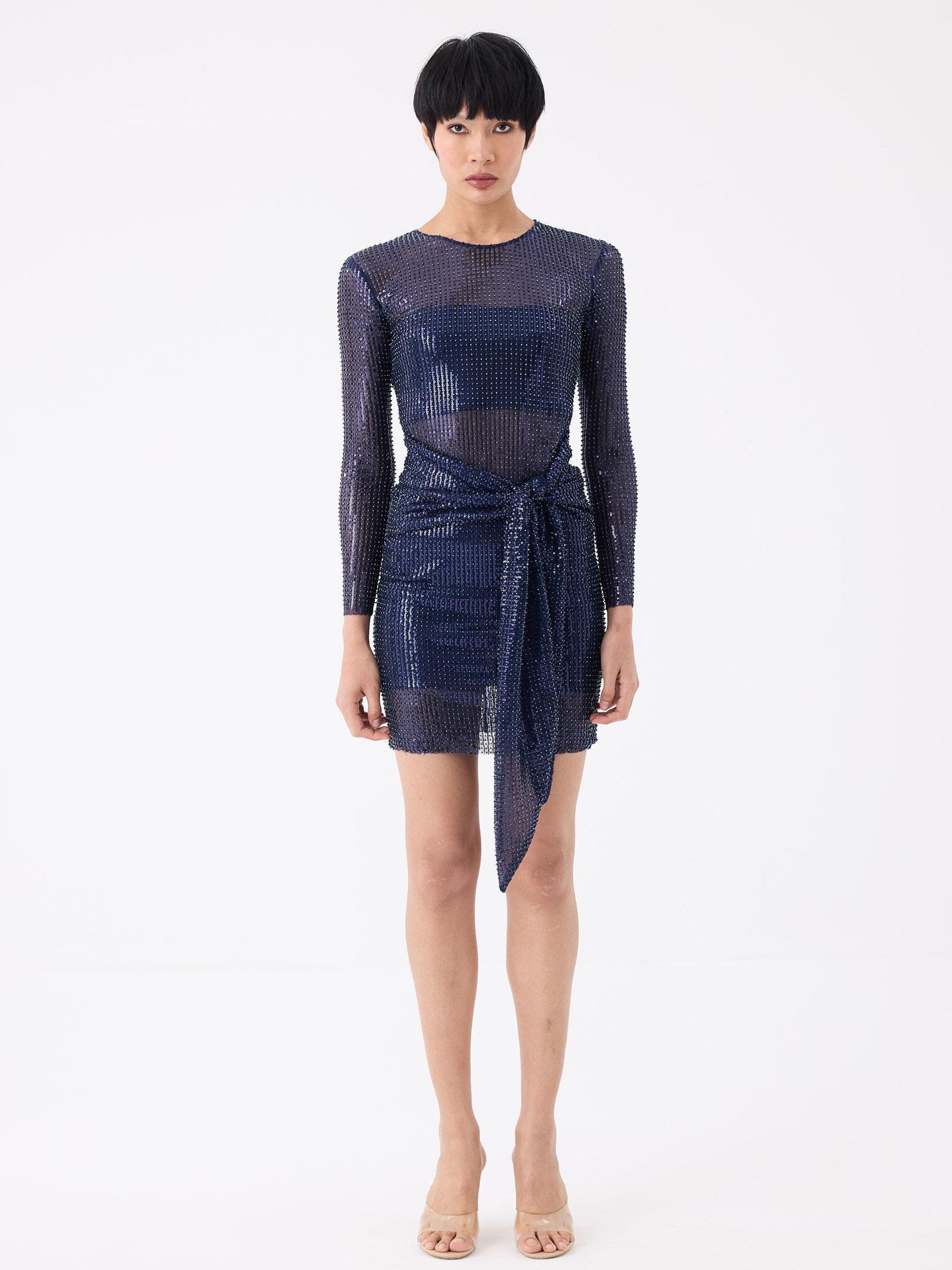 Kadın, Bayan Belden Bağlama Detaylı Transparan Kısa Elbise - Lacivert Elbise Modelleri